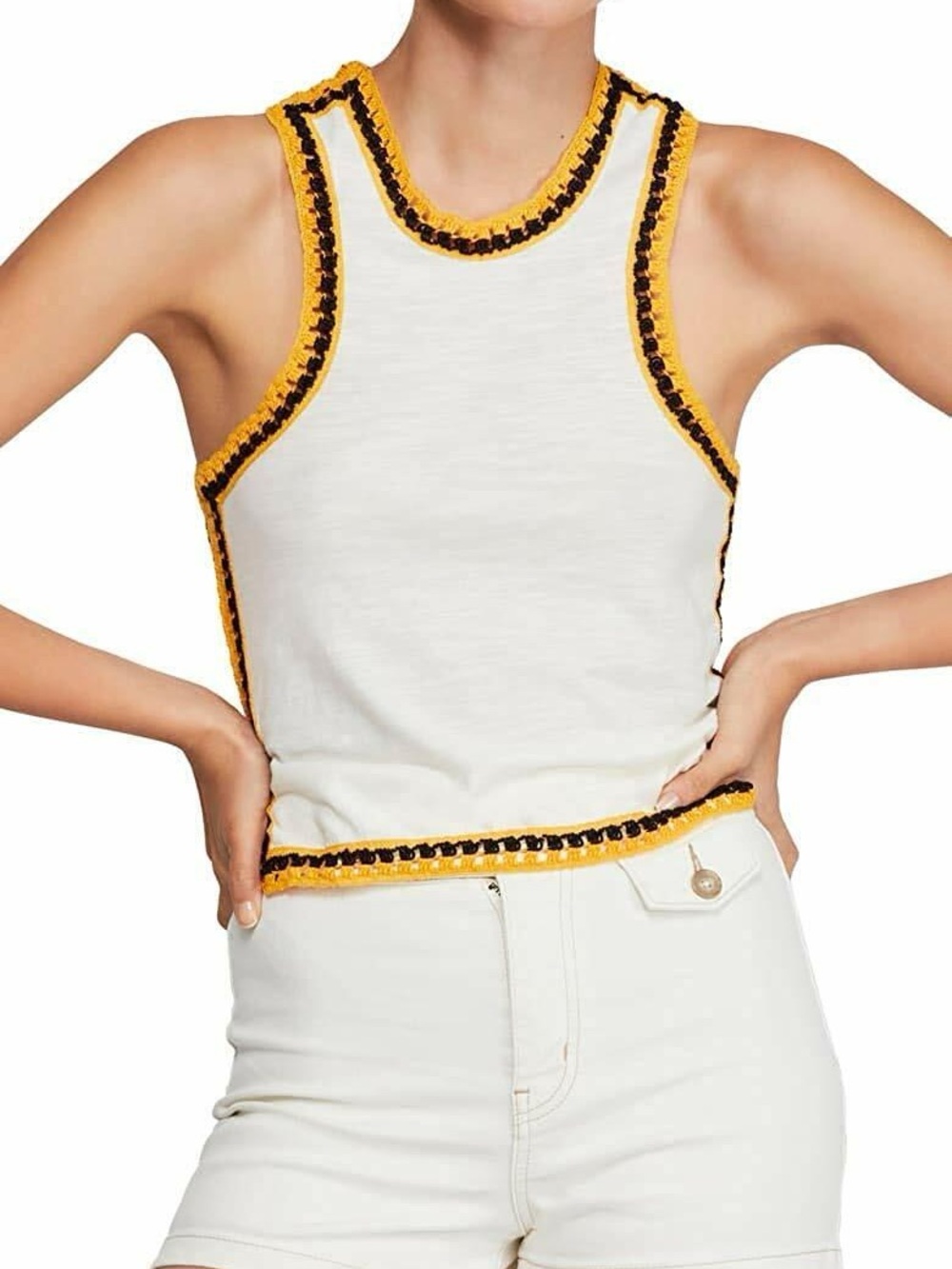 We The Free White Tank Top with Yellow and Black Crochet Trim